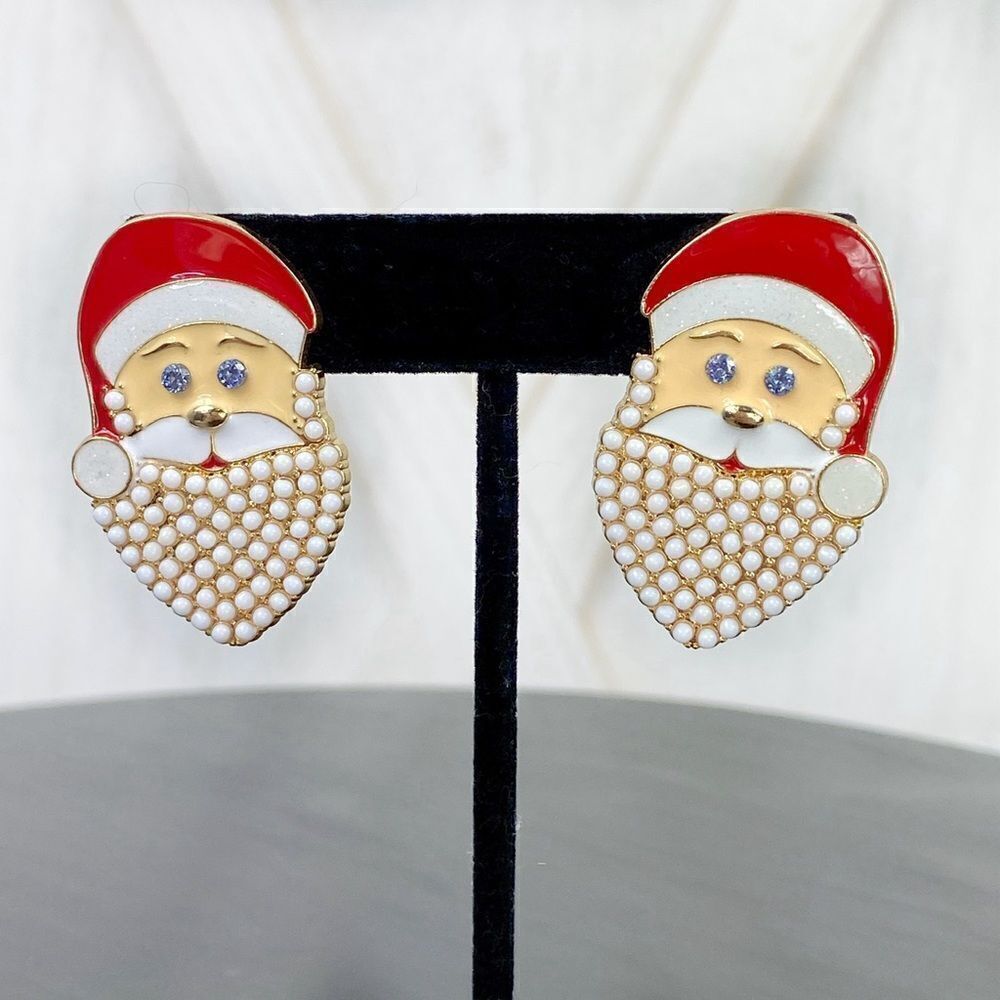 Serra Santa Claus Christmas Earrings Rhinestone Pearl Beard